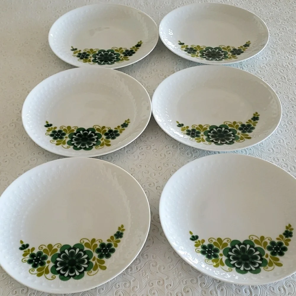 VTG. Mitterteich Bavaria 6 White Porcelain & Green Floral Salad Plates, 7 3/4